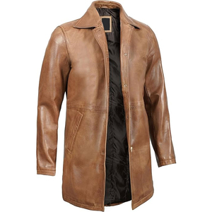 <b>Men's</b> Genuine Leather <b>Long</b> Trench <b>Coat</b> With Notched Lapel And Front Pockets Single Breasted Design <b>Men's</b> stand collar - Product Image 2