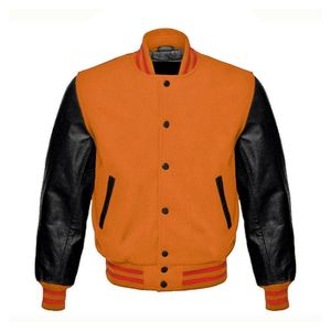 Chaqueta Varsity Naranja Premium con Mangas de Cuero Negro y Ribete Acanalado en Contraste para Moda Universitaria Personalizada al por Mayor - Product Image 1