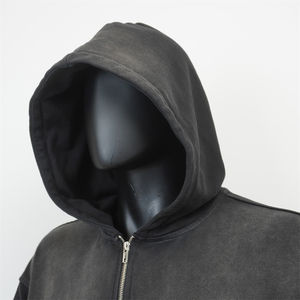 Sweat à capuche noir tendance effet usé et délavé au soleil, en coton French Terry, coupe oversize, délavé à l'acide, personnalisé, avec fermeture éclair, pour homme - Product Image 3