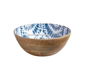 Bol en bois artisanal indien personnalisé bol d'assiette de service à salade bol de table à manger bol de service en bois décoratif émail imprimé design - Product Image 3