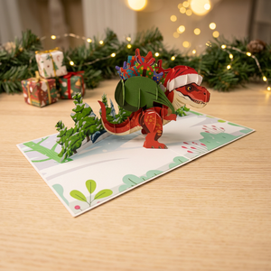 Carte de vœux de Noël tendance en forme de dinosaure, design personnalisé, style pop 3D fait main, découpe de papier, artisanat vietnamien de Hanoï - Product Image 6