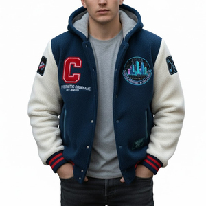 Chaqueta Varsity con Capucha para Hombre, Color Azul Marino y Blanco, con Forro Polar Grueso, para Invierno, con Parches Bordados con la Letra C en Chenilla - Product Image 1