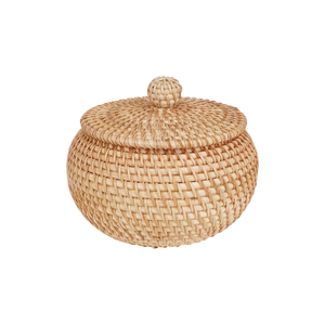Panier de rangement rond en rotin naturel fait main avec couvercle, écologique, en osier tressé, pour bonbons, bijoux, ou comme boîte de décoration intérieure - Product Image 1