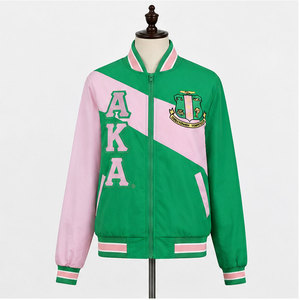 Chaqueta Varsity Color Block Verde y Rosa, Unisex, Estilo Preppy, Cierre de Cremallera, Bordado de Letras, Cuello Alto, Otoño - Product Image 1