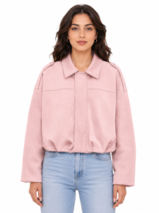 Livster Women's Cropped Pink <b>Suede</b> Bomber <b>Jacket</b> Breathable 100% Polyester Casual Short Drop-shoulder Long Sleeve - Product Image 1