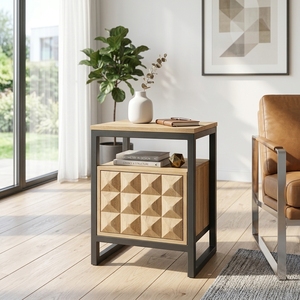 Dice <b>Side</b> Table Modern Industrial Solid Wood Nightstand With 3D Geometric Carved Drawers And <b>Black</b> Metal Frame Bedside Furniture - Product Image 3