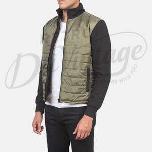 Veste d'hiver pour homme moderne à manches contrastées, couleur olive, style puffer, décontractée, chaude, rembourrée, coupe ajustée, fermeture éclair. - Product Image 5