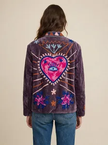 Handmade Suzani Grey <b>Velvet</b> Cotton <b>Jacket</b> <b>Women</b> Heart Floral Embroidery Bohemian Ethnic Winter Outerwear Wholesale - Product Image 3