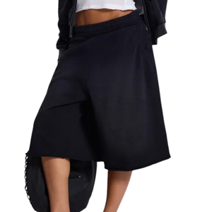 Custom Womens <b>Black</b> Fleece Bermuda Shorts Wide Leg Easy Fit Elastic Waist Side <b>Pockets</b> Casual Streetwear Wholesale Private Label - Product Image 6