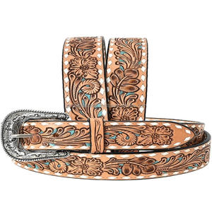 Made in India Floral embossed hand carving and painting <b>men's</b> fashion western leather tooling <b>belt</b> with <b>cowboy</b> buckle set - Product Image 4