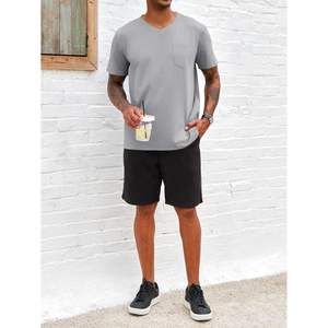 2025 hommes décontracté solide col en v à manches courtes T-Shirt 180g haut en coton avec poche pour la plage d'été caractéristiques compressées - Product Image 2