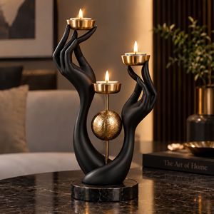 Porte-bougie sculpté à la main en métal doré, support à bougies 3 lumières, décoration de table, centre de table - Product Image 3