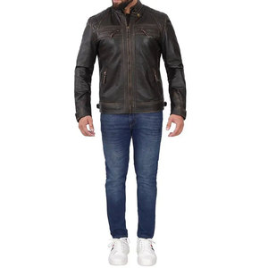 Blouson de motard unisexe en cuir véritable matelassé avec fermeture éclair, coupe-vent et imperméable, col montant, logo frontal, idéal pour l'automne - Product Image 2