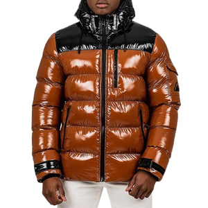 Custom Men's Glossy Hooded Puffer <b>Jacket</b> Full Zip Insulated <b>Winter</b> Coat Warm Lightweight Brown Black Premium <b>Leather</b> Streetwear - Product Image 1