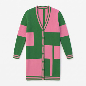 Women <b>Long</b> Sleeve Color Blocked <b>Cardigan</b> Rib Knit Open Front Casual Full <b>Length</b> Green Pink Acrylic Material Anti-Pilling - Product Image 6