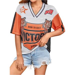 เสื้อฟุตบอลผู้หญิงคอวีพิมพ์ลายดอกไม้แขนสั้นหลวมระบายอากาศได้ดีชุดกีฬาฤดูร้อนสีขาวสีส้ม 23 - Product Image 4