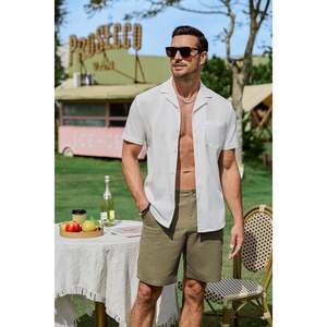 2025 hommes décontracté 8 \ "coton lin Shorts bouton taille été plage Shorts poches haute rue Style XS taille élastique tricoté - Product Image 4