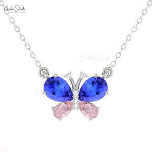 Vendeur vérifié Alibaba, collier papillon en pierres précieuses tanzanite bleue 1,26 ct et morganite rose, or massif 14 carats, bijoux pour femmes - Product Image 2