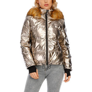 Veste matelassée à capuche argentée avec garniture en fourrure, fermeture éclair, manteau d'hiver, style décontracté, rembourrage épais en polyester, coupe-vent - Product Image 3