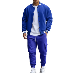 Ensemble veste bomber bleue pour homme, vêtements d'extérieur en polaire décontractés, couleur unie, vêtements d'automne, col rabattu, pantalon de jogging - Product Image 6