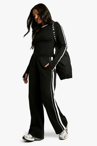 Pantalon en molleton à jambe large pour femme, taille mi-haute avec cordon de serrage, coupe décontractée ample, longueur intégrale, noir uni, en coton respirant, idéal pour l'automne - Product Image 4