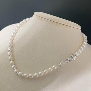 Collar de Perlas de Agua Dulce con Forma de Arroz de 6 mm con Hebilla de Plata S925, Cadena de Plata y Oro de Buena Calidad, Completamente Limpia y Suave - Product Image 1