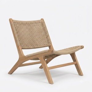 Solid Teak Wood Lounge Chair Woven Paper Cord Accent <b>Armchair</b> Natural Finish Rattan Style Seat Low Profile Living Room Seating - Product Image 1