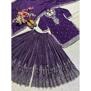 Hermosa ropa de fiesta para mujer Top Plazzo y Dupatta con bordado conjunto de traje elegante de trabajo - Product Image 1