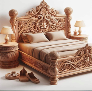 Lit en teck royal avec des motifs floraux complexes sculptés à la main et une sommier cintrée majestueuse. Disponible aux prix de gros. - Product Image 3