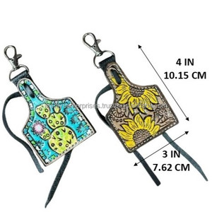 พวงกุญแจหนังแท้สไตล์ตะวันตก ลายดอกทานตะวันและกระบองเพชร วาดด้วยมือ ทนทาน ใช้สำหรับกระเป๋า กุญแจ ของขวัญ - Product Image 2