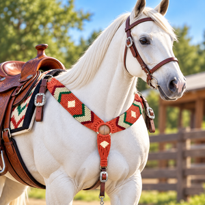 EQUIPO: Collar de Pecho para Caballo Estilo Western con Cuentas, Patrón Navajo, Lana y Cuero, Modelo Personalizable - Para Ponis, Caballos Completos y Cob (Uttar) - Product Image 3