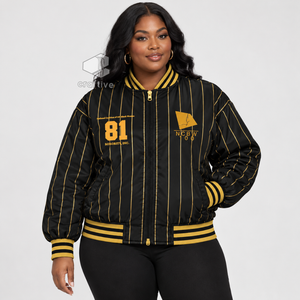 Chaqueta Bomber NCBW para Mujer, Negra con Rayas Doradas, Satinada, Estilo Universitario, con Letras Griegas Bordadas, Cierre de Cremallera, Cuello y Puños de Punto Acanalado - Product Image 5