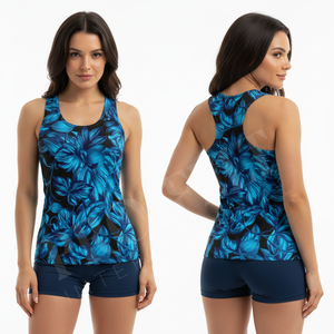 Solid Plain Color Custom Made Floral Printed Racerback Tank <b>Top</b> High Strength Casual Sleeveless Stretch Fit Activewear Shirt - Product Image 3