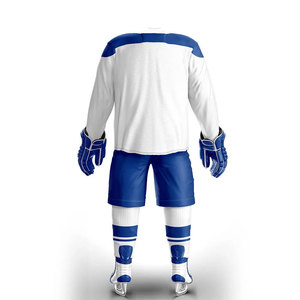 Uniforme de Hockey sobre Hielo Personalizado para Hombre, Jersey y Pantalones de Malla Sublimados en Blanco y Azul, Manga Larga, Transpirable y que Absorbe la Humedad - Product Image 1