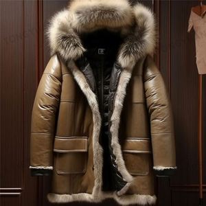 Chaqueta Larga de PU para Hombre, con Capucha de Piel Sintética, Resistente al Viento, Rellena de Plumón, Estilo Casual, Cierre de Cremallera, Color Negro, 220g - Product Image 3