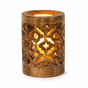 Linterna Cuadrada de Madera de Mango Tallada a Mano |   Decoración del Hogar con Diseño de Rejilla |   Moradabad - Product Image 1
