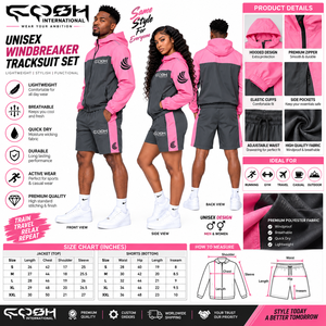 Ensemble de survêtement coupe-vent unisexe léger rose et gris avec blocs de couleur, capuche zippée, design sportif, en polyester respirant - Product Image 4
