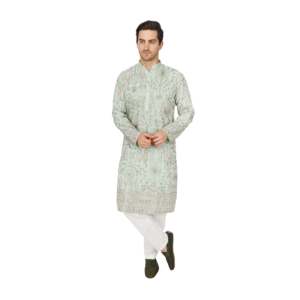 Mint Green Designer Kurta Set for <b>Men</b> Embroidered Georgette Floral Botanical <b>Groom</b> Wear - Product Image 1