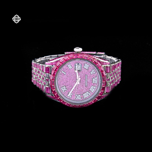 Montre de luxe pour homme, cadran en quartz rose moissanite, chiffres romains, jour/date, mouvement ETA, acier inoxydable, diamants personnalisés - Product Image 1