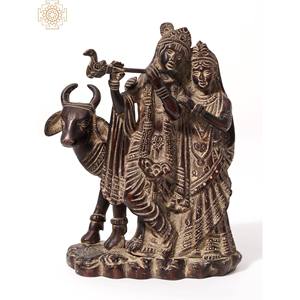 Statue en laiton de 6 pouces faite à la main de Radha Krishna et article de décoration indienne de vache - Product Image 1