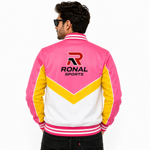 RONAL SPORTS <b>Men's</b> Color Blocking Varsity <b>Jacket</b> Pink Yellow <b>White</b> Zipper Front Sporty Style Turn-down Collar Regular Fit - Product Image 4