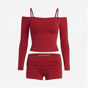 North Approach 2 Piece Yoga Set Off Shoulder Spaghetti Strap <b>Crop</b> <b>Top</b> High Waist Ruched Shorts Solid <b>Red</b> Full Sleeve Seamless - Product Image 1