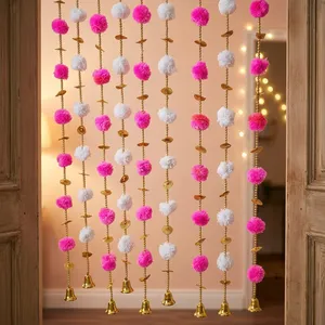 Pink White Pom Pom Garland Hanging Wall Decor with Gold Tassels and Bells Bohemian Style for Wedding Party Indoor Living Room - Product Image 5