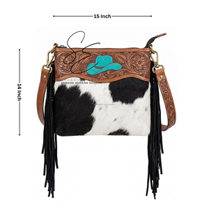 Sac bandoulière vintage en cuir repoussé avec franges, style chapeau de cowboy western, en peau de vache à poils, sac à main bohème pour cowgirl, sac à bandoulière quotidien - Product Image 2