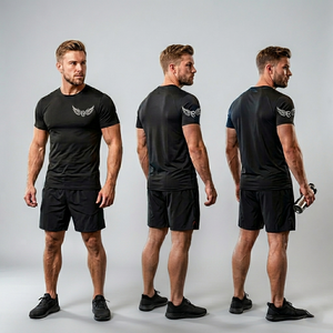 T-shirt Homme Slim Fit Noir à Manches Courtes Col Rond Sportif Uni en Jersey Tricoté Spandex/Polyester 180 Grammes Respirant Séchage Rapide - Product Image 4