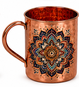 Ensemble de 2 tasses en cuivre martelé faites à la main avec un motif floral et montagneux en émail |   Ensemble cadeau de tasses Moscow Mule |   Cuivre décoratif - Product Image 3