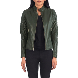 Veste de moto en cuir PU vert pour femme, col montant, fermeture éclair, manches longues, style motard court - Product Image 5