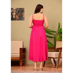 Robe longue moderne pour femme 100 % coton, coupe empire au niveau du genou, corsage smocké, décolleté cœur, dos nu, écologique, séchage rapide - Product Image 2