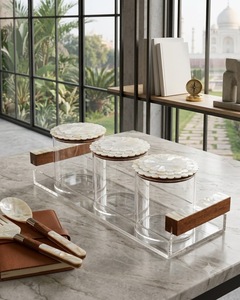 Acrylic Carved Antique Imitation Mother of Pearl Round Spice Jar Set <b>Clear</b> <b>Storage</b> <b>Containers</b> Wooden Handle for Kitchen Counter - Product Image 1