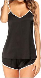 Ensemble de vêtements de nuit en satin pour femmes, haut sans manches à col en V, short noir uni, sexy, vêtements de détente d'été, taille élastique lisse - Product Image 5